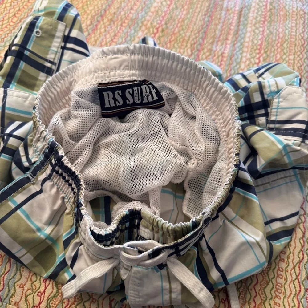 RS Surf Boys Swim Trunks Board Shorts Green White Plaid Lined Tie Waist Size 5
